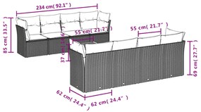 9 részes fekete polyrattan kerti ülőgarnitúra párnákkal