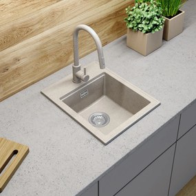 SINK Quality Mosogató minőségi Ferrum Új 4050, 1 kamrás gránit mosogató 400x500x185 mm + fekete szifon, bézs, SKQ-FER.4050.B.XB