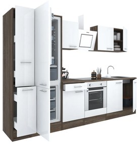 Yorki 300 konyhabútor yorki tölgy korpusz,selyemfényű fehér front alsó sütős elemmel alulfagyasztós hűtős szekrénnyel