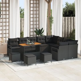 13 Darabos Kerti Sofa Készlet Párnákkal Fekete Poli Rattan Akáccal, 4 Darabos Kerti Étkező Készlet Párnákkal Fekete Poli Rattan Akáccal, 2-fős Kerti Sofa Párnákkal Fekete Poli Rattan