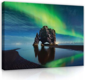 Vászonkép 80x60 Északi fény szikla tenger éjszaka tükröződés Izland nyugalom misztika