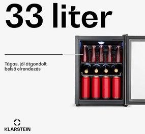 Klarstein Beersafe M, hűtőszekrény, C energiahatékonysági osztály, LED, 2 fém rács, üvegajtó, fekete
