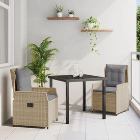 3 Részes Kerti Étkezőszett Bézs Polirattan, Kerti Asztal Fekete 80x80x73 cm Edzett Üveg