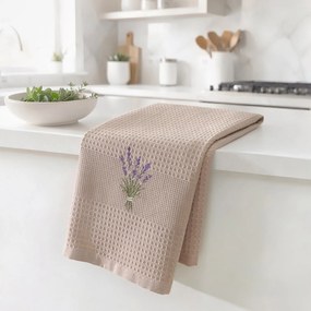 Goldea hímzett waffle konyharuha - levandula mintás barna alapon 50 x 70 cm