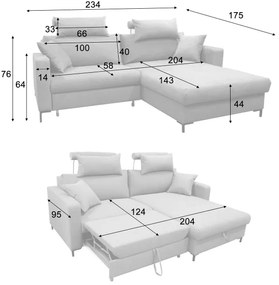 Kinyitható, jobb oldali L-alakú sarokülőgarnitúra HORTA tárolóval, sötét szürke