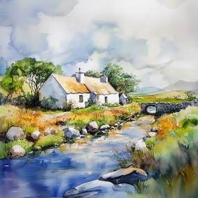 Vászonkép Canvas Tájkép Írország Falu Ház Híd Patak Kilátás 80x80