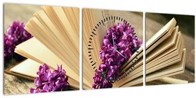 Kép egy könyvröl és a lila virágok (órával) (90x30 cm)