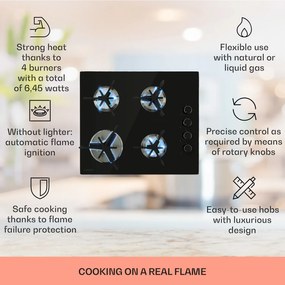 Klarstein Trifecta 4, gázfőzőlap, 4 háromszögletű égő, üvegkerámia, fekete