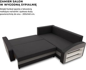 Grande sarokkanapé polcokkal , polc a jobb karfaban, jobboldali, szövet anyag, hab töltet, fekete - szürke