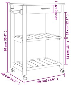 MONZA tömör fenyőfa konyhai kocsi 60 x 40 x 88,5 cm