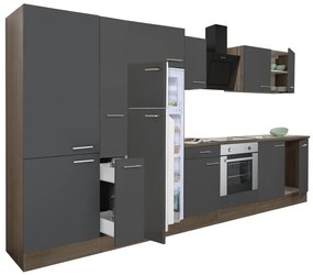 Yorki 360 konyhabútor yorki tölgy korpusz,selyemfényű antracit front alsó sütős elemmel polcos szekrénnyel és felülfagyasztós hűtős szekrénnyel