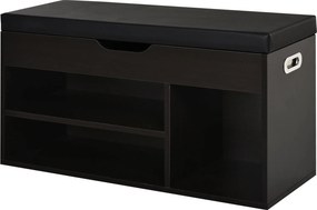 HOMCOM Párnázott Előszoba Cipőtároló, Cipőtartóval, 3 Rekesszel, PU Bőr Ülőfelülettel, Nappali és Előszoba Számára, 80x30x43 cm, Fekete | Aosom