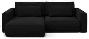 Fekete bársony kinyitható-tárolóhelyes sarokkanapé (bal oldali-heverő résszel) Kapua – Makamii