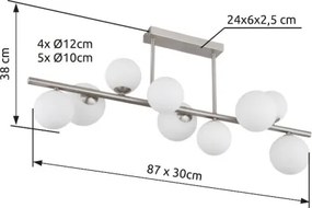 Globo 56140-9D Mennyezeti lámpa fém nikkel matt, üveg fehér, HxSzxM.: 870x280x370mm, üveg átmérő: 5x10cm, 4x12cm, benne 9x G9 LED 3.5W 230V, 350lm forrás, 310lm kimenet, 3000K