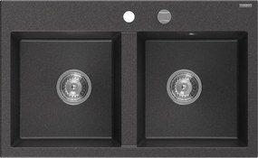 Mexen Hektor 2 rekeszes gránit mosogató 800 x 480 mm, fekete pöttyös, króm szifon - 6521802000-76