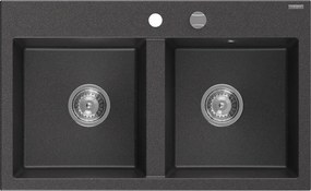 Mexen Hektor 2 rekeszes gránit mosogató 800 x 480 mm, fekete pöttyös, króm szifon - 6521802000-76