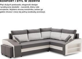 Grande sarokkanapé polcokkal és puffokkal , polc a jobb karfaban puffok a bal karfaban, jobboldali, szövet anyag, hab töltet, szürke - fehér