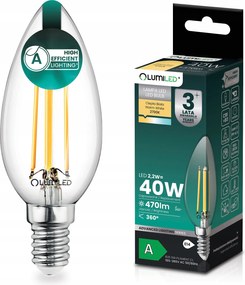 Led Izzó E14 Filament Class A 2,2W 470LM 40W 2700K 360° Díszgyertya