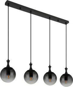 Globo 15885-4H Függeszték fém fekete matt, füstszínű üveg búra, fekete PVC kábel, magassága lerövidíthető, HxSzxM: 900x150x1300mm, 4x E27 ILLU 10W 230V izzók nélkül