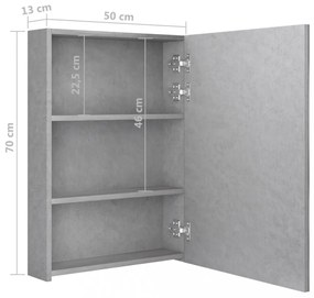betonszürke LED-es tükrös fürdőszobaszekrény 50 x 13 x 70 cm