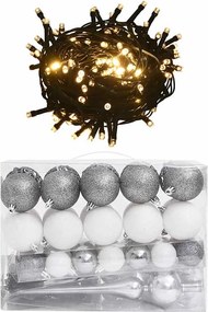 vidaXL 60 részes fehér-szürke karácsonyi gömbszett csúccsal + 150 LED