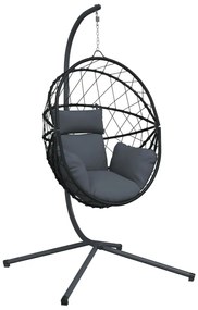 antracitszürke rattan és acél függő kagylószék állvánnyal