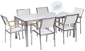 Hatszemélyes márványhatású üveg étkezőasztal fehér székekkel COSOLETO/GROSSETO Beliani