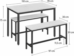 Étkezőasztal szett 4 fő részére, konyhaasztal 2 paddal, márványfehér és tintafekete színben