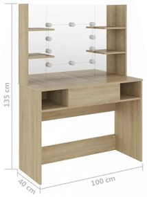 tölgyszínű LED-es MDF sminkasztal 100 x 40 x 135 cm