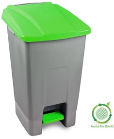 Szelektív hulladékgyűjtő konténer, műanyag, pedálos, fém színű/zöld, 70L
