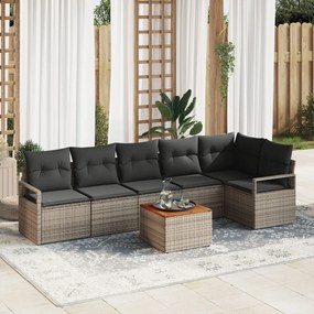 7 darabos kertibútor szett párnákkal szürke poli rattan akáccal, 2 személyes kertibútor párnákkal szürke poli rattan