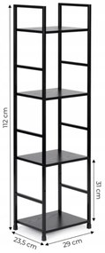 Fekete 4 szintes nyitott könyvespolc, tároló állvány fém lábakkal - 29x112cm Intenso