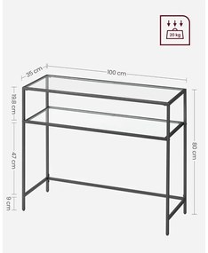 Konzolasztal polcokkal edzett üveglappal, fekete 100x80x35cm