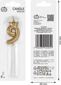 Arany Champagne Crown 9-es számgyertya, tortagyertya 6 cm