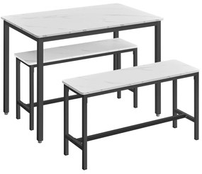 étkezőasztal szett 4 fő részére, konyhaasztal 2 paddal, márványfehér és tintafekete színben