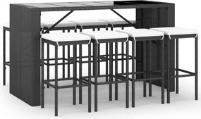 vidaXL 9 részes fekete polyrattan kerti bárszett párnával