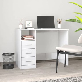 magasfényű fehér szerelt fa íróasztal fiókokkal 102x50x76 cm