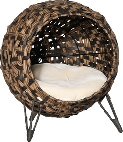 PawHut Rattan Macskaház párnával, Macskaágy Emelt Lábakkal, Barna Ø52 x 58 cm | Aosom