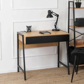 Fiókos íróasztal / számítógépasztal 83×48 cm, masszív fém vázzal, fekete–aranytölgy – Intenso Home