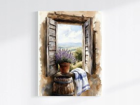 Vászonkép Canvas Akvarell Provence Ablak Kilátás Levendula Virágok 60x80