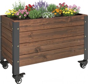 Outsunny emelt fa virágláda kerekekkel — téglalap alakú magaságyás fűszernövényeknek és zöldségeknek, 60 × 30 × 41 cm, sötétbarna | Aosom