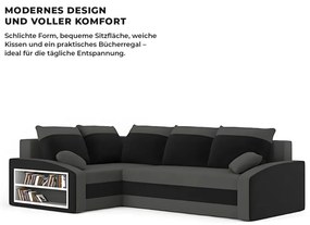 Grande sarokkanapé polcokkal , polc a bal karfaban, baloldali, szövet anyag, hab töltet, szürke - fekete