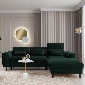 Sötétzöld bársony kinyitható-tárolóhelyes sarokkanapé (jobb oldali-heverő résszel) Foble – ELTAP