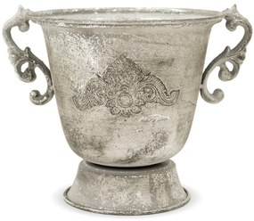 Antique fém váza koptatott ezüst szürke fogantyús 18,5x23x18,5cm