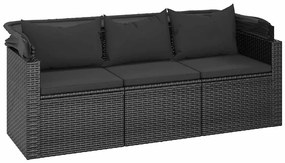 3-személyes fekete polyrattan kanapé tetővel és lábtartóval