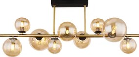 Globo 56135-9D Mennyezeti lámpa fém fekete matt, fém sárgaréz matt, üveg borostyán, HxSzxM.: 870x300x380mm, üveg méret 5X ø: 10 cm, 4X ø: 12 cm, 9x G9 LED 3.5W 230V, 80lm/fej 3000K, 10676 LED izzóval