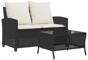 2 személyes fekete polyrattan kerti kanapé asztallal&amp;párnával