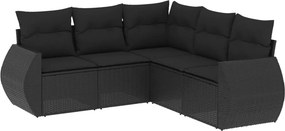vidaXL 5 részes fekete polyrattan kerti kanapészett párnákkal