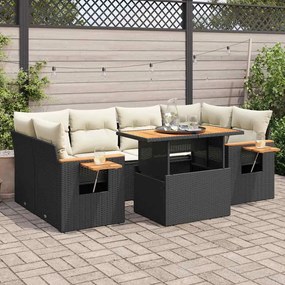 7 részes fekete polyrattan akácfa kerti ülőgarnitúra párnával