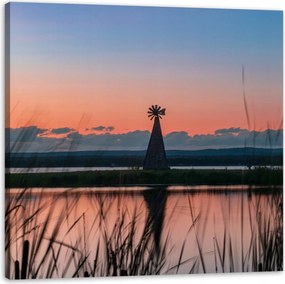 Vászonkép Szélmalom Ég Természet Naplemente Tó Fű 50x50